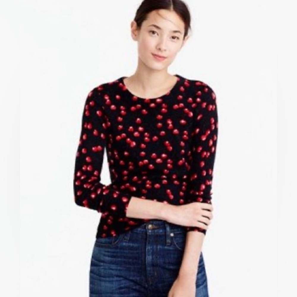 J. Crew Merino Wool Teddie Crewneck Black Sweater with Red Cherry Print, Size M